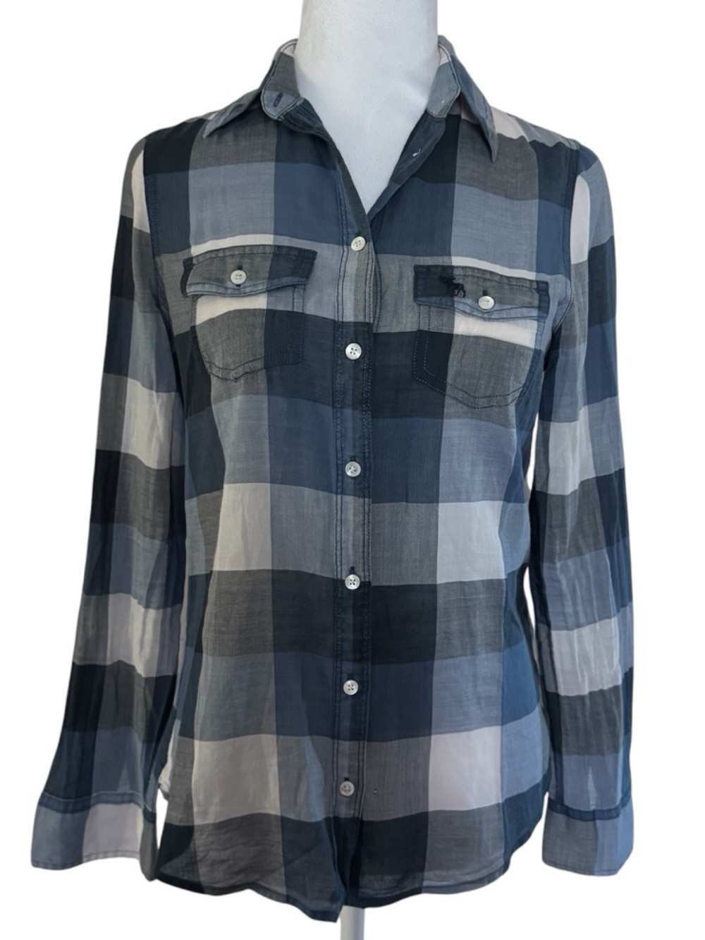 Abercrombie & Fitch Blue Plaid Sheer Button-Up Shirt Small - Picture 2 of 10